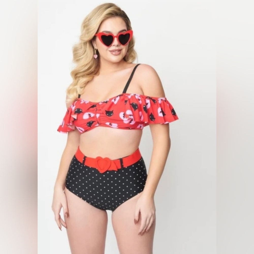 Unique Vintage Red Top w/Black Cat & Pink Heart Print Bikini, Emily the Strange - Picture 15 of 16